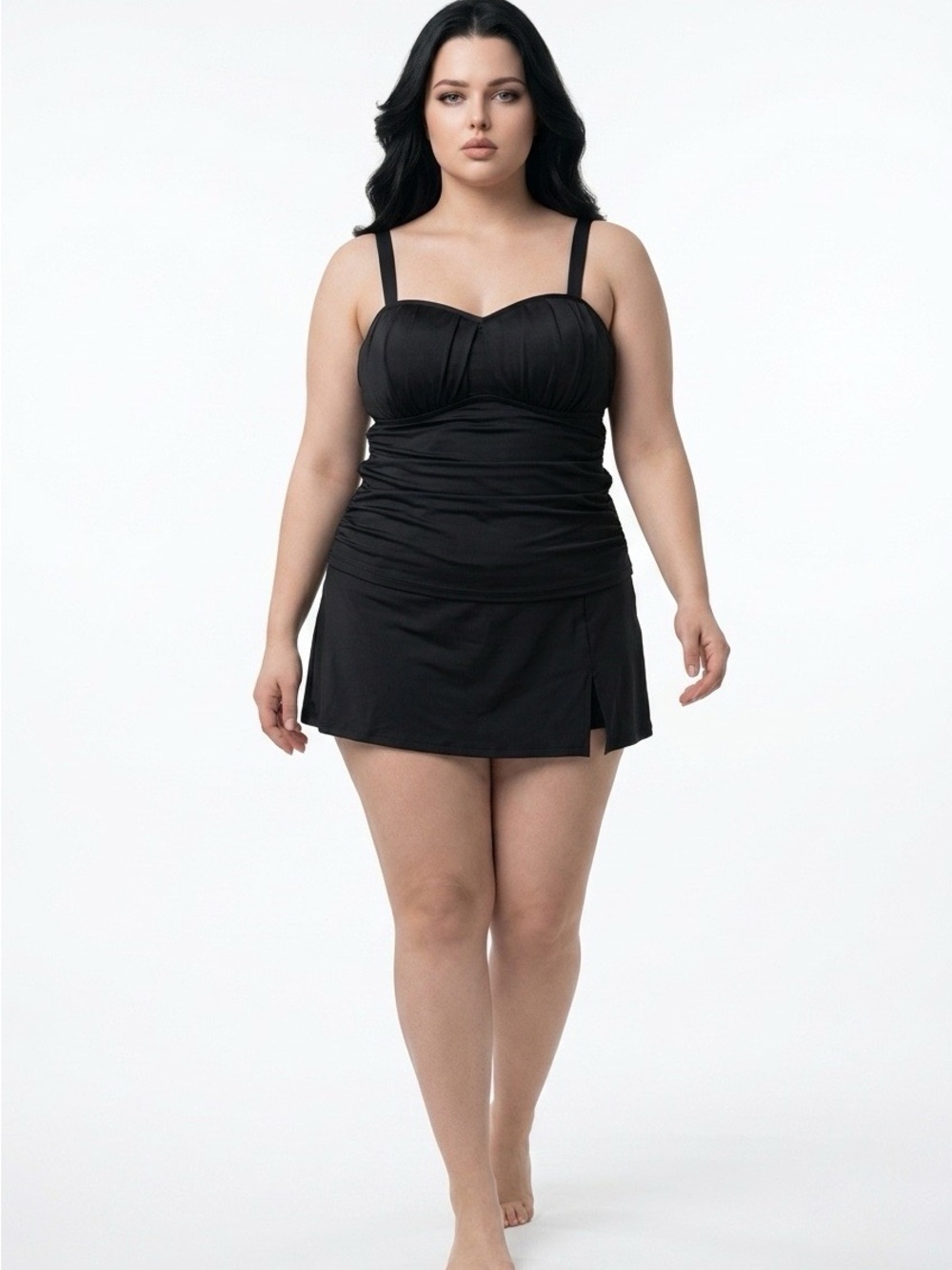 Black Tankini With Skirt Swimwear with Ruched Waist and Supportive Bust